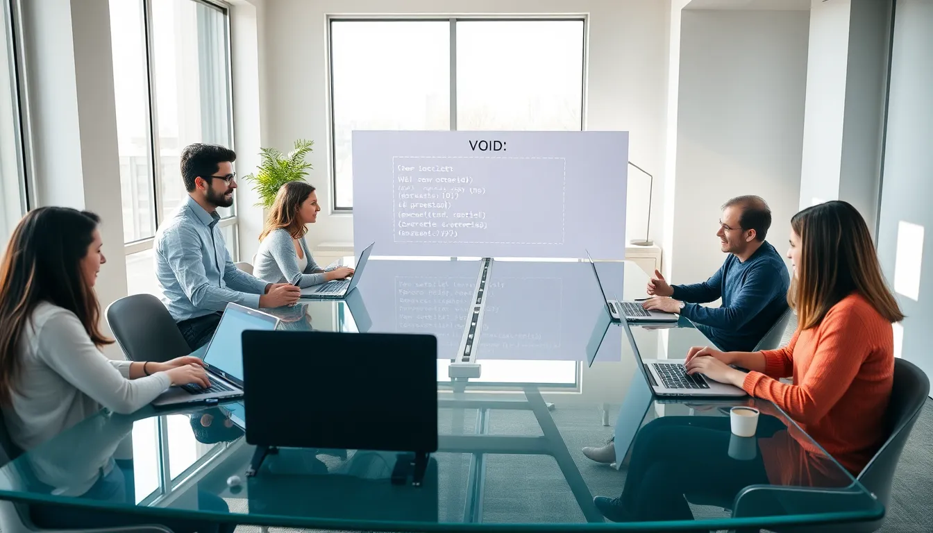 diverse team of developers discussing JavaScript concepts in a modern office.