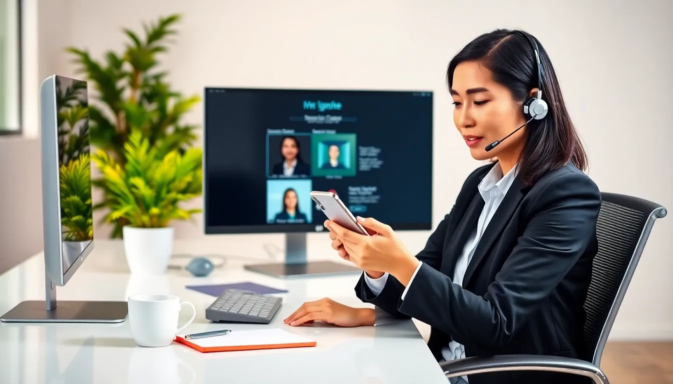 Customer service representative assisting a client in a modern office.